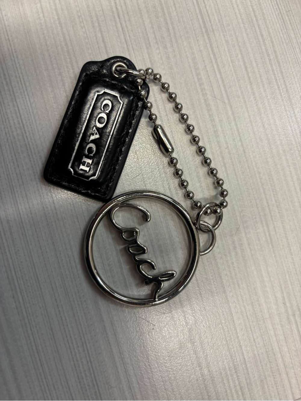 COACH Black Leather & Silver Logo Keychain